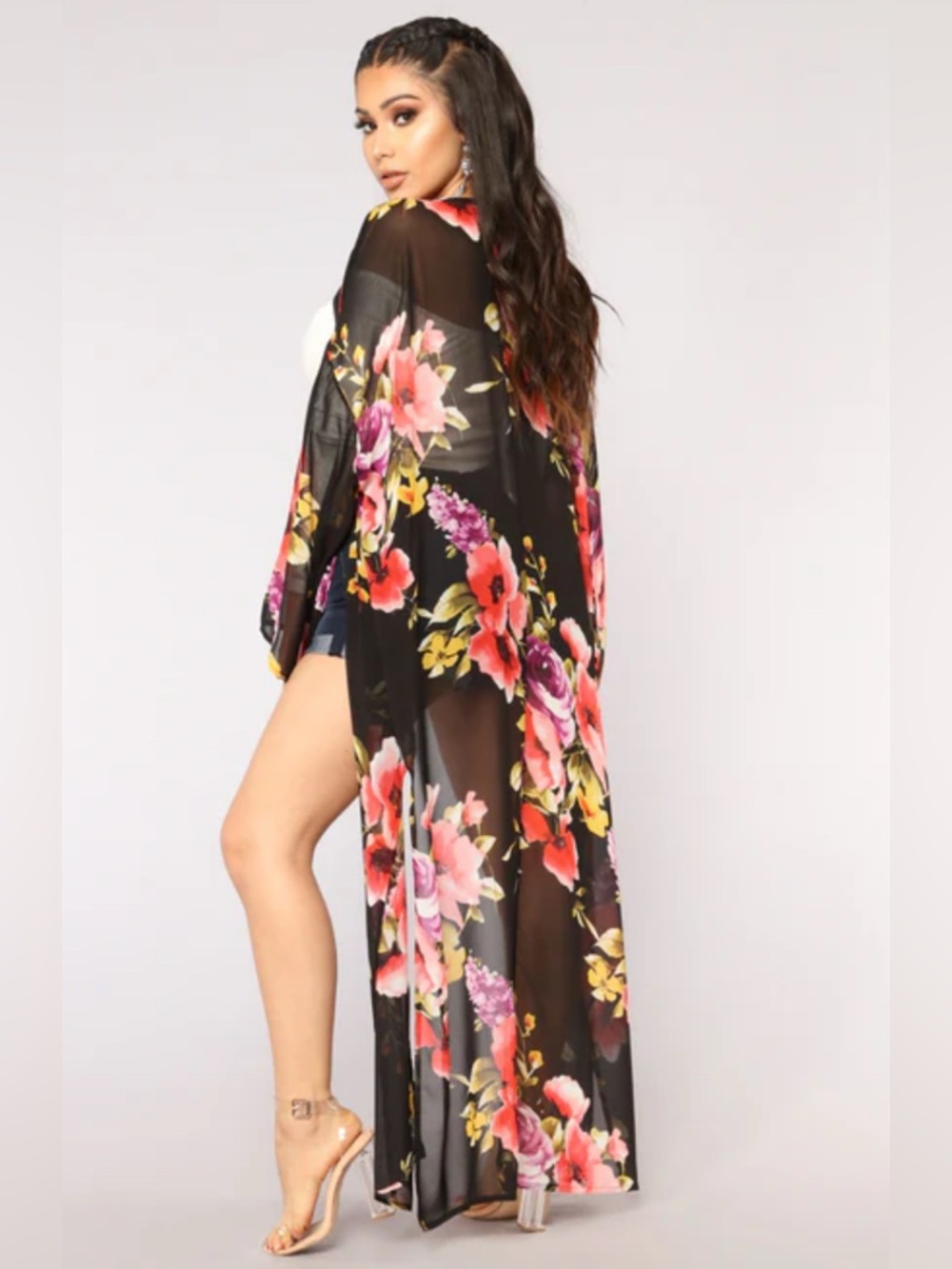 Fashion Nova Black Floral Sheer Duster Kimono